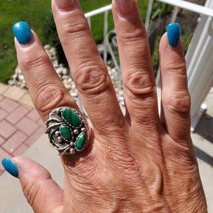 Deep green malachite and silver size 9 ring